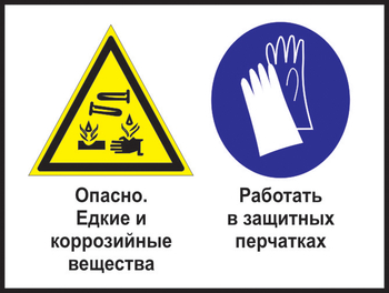 Кз 64 опасно - едкие и коррозийные вещества. работать в защитных перчатках. (пластик, 600х400 мм) - Знаки безопасности - Комбинированные знаки безопасности - Магазин охраны труда ohranatruda-shop.ru